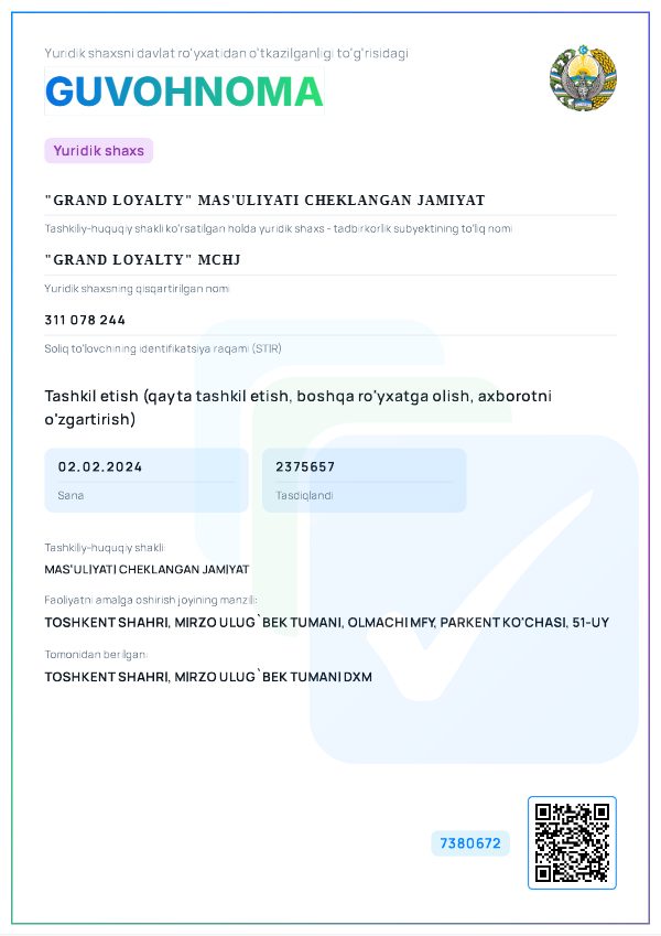 Davlat ro'yxatidan o'tganlik guvohnomasi